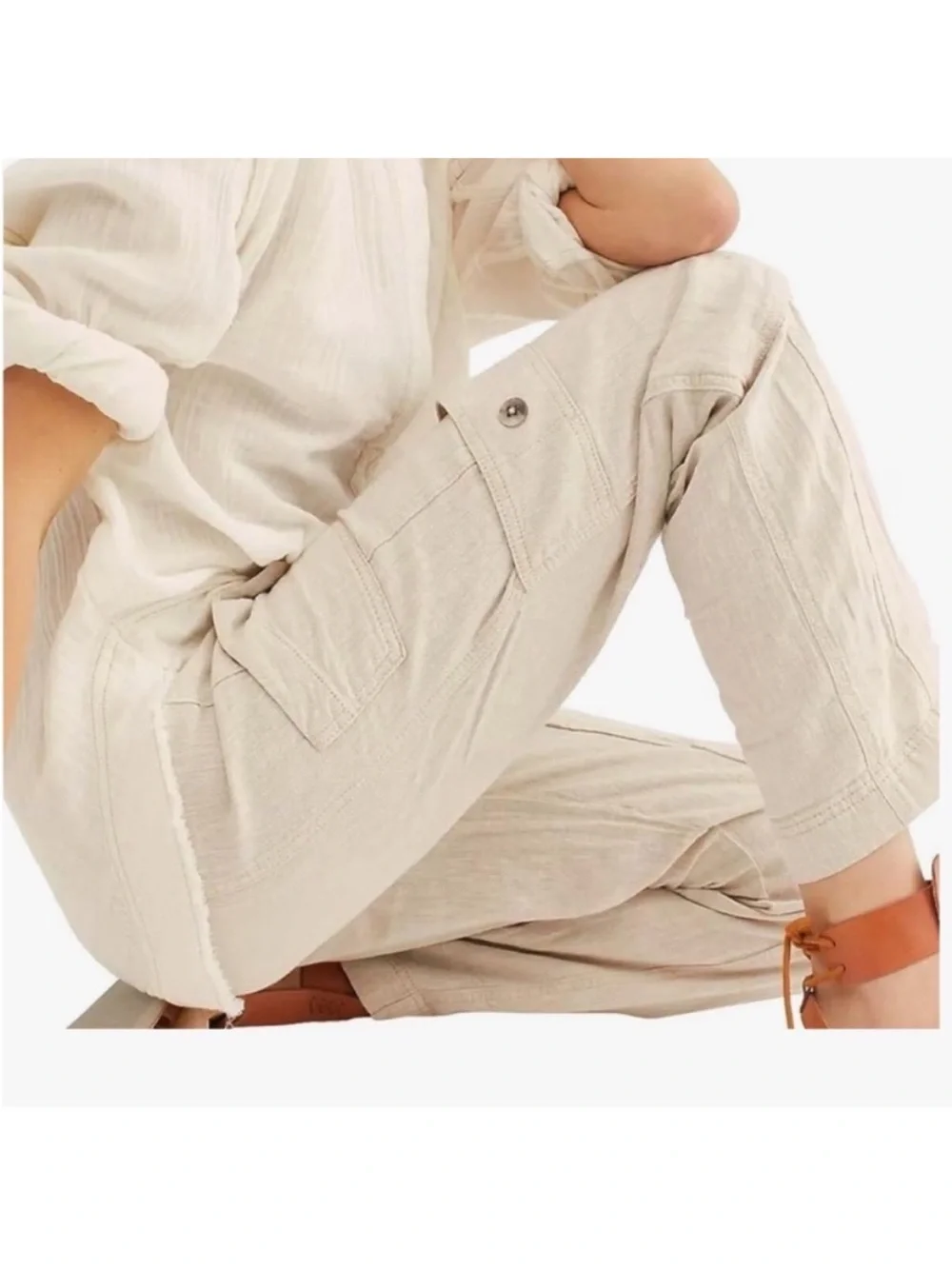 Free People Small Pants Feelin' Good Linen Blend Utility Pockets in Natural NWT